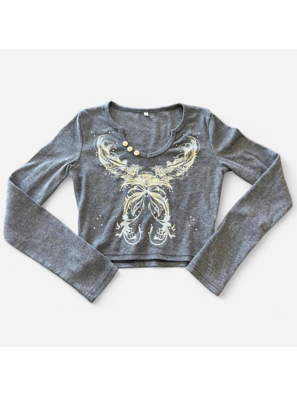Y2K Style Grey Ribbed Long Sleeve Graphic Crop Top With Sparkle Detail